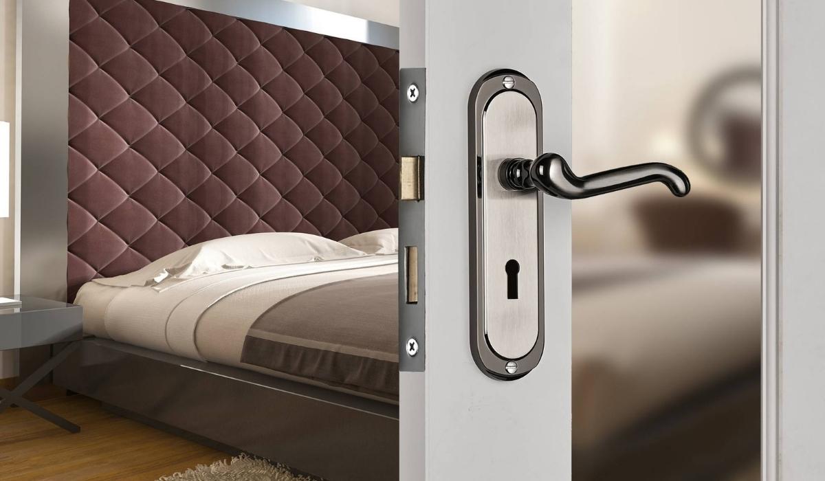 Turnberry lever latch door handle on a bedroom door
